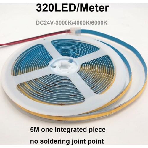 New One Piece 5M Non Welding Joint Point Flexible COB LED Strip Light 24V Linear Rope width8mm 320LED 40W Cold Warm Nature White