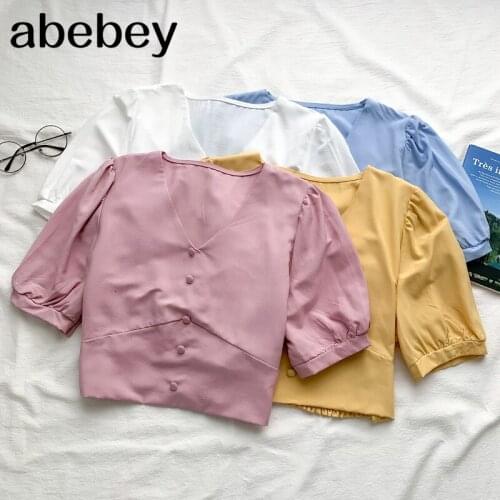 2021 New Summer Fashion All-match V-neck puff sleeve Shirt single breasted high waist slim short Shirt Top