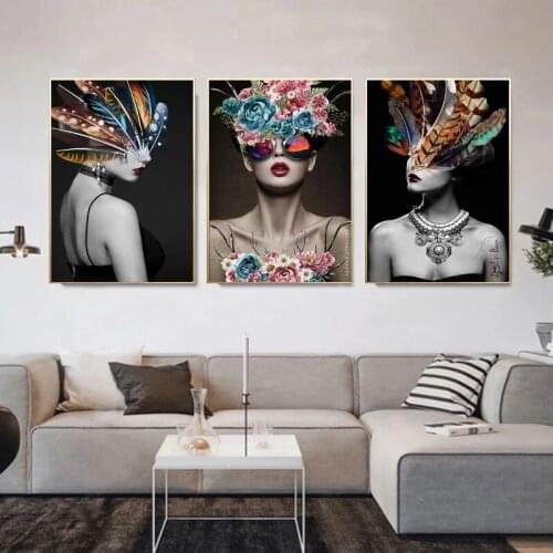 Moderne Sexy Femme Peinture Toile Plume Fleur Mode Abstrait Mur Art DéCoration Luxe Peinture Salon DéCoration De La Maison Mural