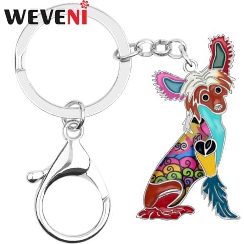 WEVENI Enamel Alloy Chinese Crested Dog Key Chains Keychains Ring Animal Jewelry For Women Girls Bag Car Charms Pendant Gift New