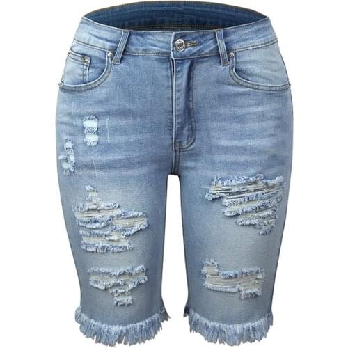 DIFIUPA Womens Knee Length Pants Vantage Mid Waist Bodycon Jeans Female Ripped Shorts High-stretch Denim with Tassel