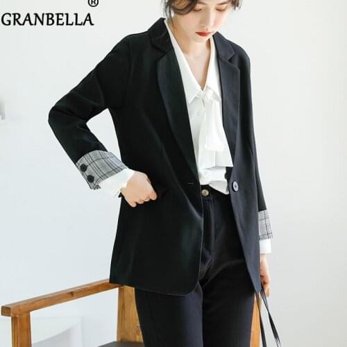 OL Casual Single Button Women Blazer Jacket Notched Collar British Female Jackets Fashion Plaid Sleeve Suits Outwear Spring Coat