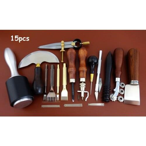 15pcs Leather Craft Edger Beveler Skiver Slicker Burnisher Groover Awl Chisel Tool Set - Sewing Stitching Carving Stamping Knife