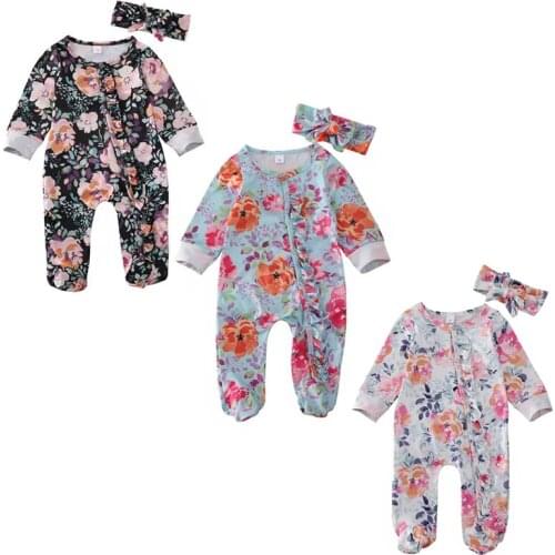 2Pcs Newborn Baby Girl Flower Clothes Ruffles Long Sleeve Romper +Headband Sleepwear Pyjamas