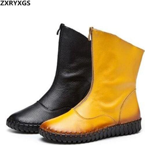 2021 New Spring Hand-sewn Women Boots Soft Genuine Leather Boots Flat Casual Shoes Warm Autumn Winter Boots Snow Boots Plus Size