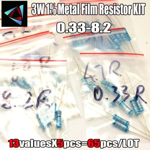 3W 13valuesx5pcs=65pcs 0.33R - 8.2R 1% Metal Film Resistor Assorted Kit Resistor Pack