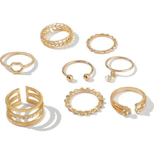 Gold Crystal Ring Shining Index Finger Knuckle Tail Rings 8-piece Set Women Accessories Cartoon Finger Ring Gift