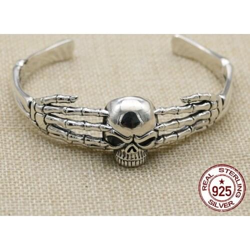 100% S925 sterling silver mens bracelet personality fashion retro hip hop punk jewelry skull shape to send a gift of love hot