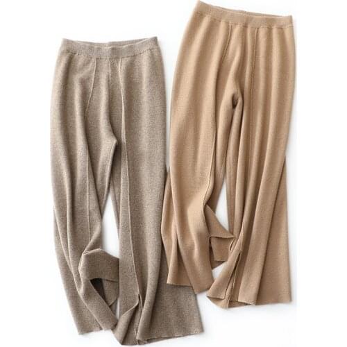 Pure 100% Pure Cashmere Pants Winter Autumn Loose Hight Waist Luxury Brand Women Warm Soft Fashion Wide-leg pants Knitted T