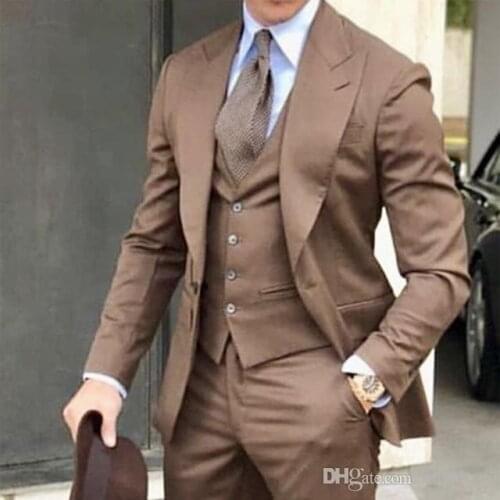 3 Piece Formal Wedding Men Suits 2021 Peaked Lapel Brown Jacket Vest Pants Tailored Made Blazer Groom Tuxedos for Mens Prom Suit