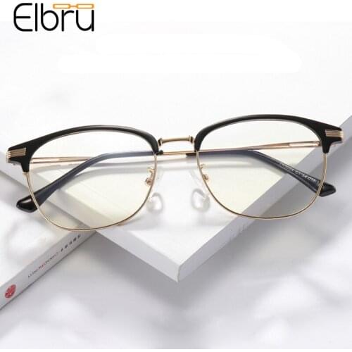 Elbru Retro Anti Blue Rays Glasses Frame Ultralight TR90 Metal Spectacles Clear Lens Plain Eyeglasses Men Women Computer Goggles