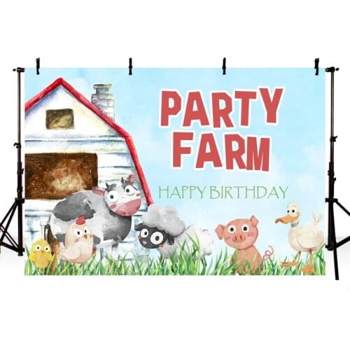 Farm Party Theme Photography Backdrop Old Stone House Pig Sheep Grass Animals Fence Garden Custom Photo Backgrounds for Studio