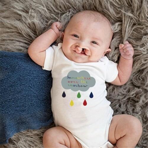0-24M Newborn Baby Boy Girl Short Sleeve Letter Print Clouds And Raindrops Cotton Romper Outfits Summer Clothes