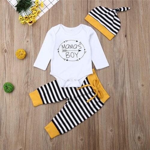 3pcs Newborn Set Baby Boys Clothes Set Mama´S Boy Letter Bodysuit Baby Rompers Striped Long Pants Hats Baby Boys Set Kid Outfits