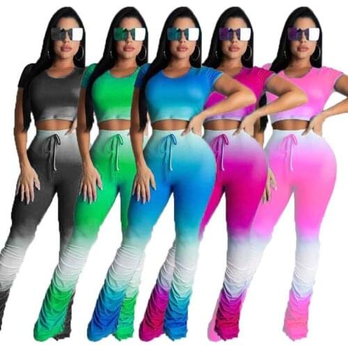 Gradient Two Pieces Sets Short Sleeve T Shirt + Bell Bottom Flare Stacked Jogger Sweatpants Suit Fitness Outfits Matching Set