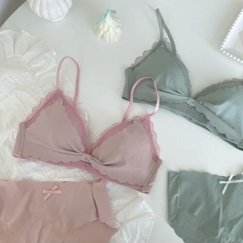 Wriufred Girls lace bow sexy underwear set without rims thin gather the breasts triangle cups bras with panties suit