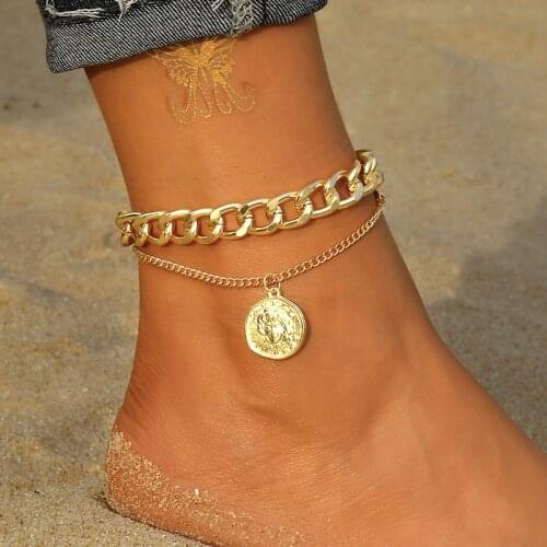 VKME Trendy Punk Chain Anklets Set For Women Girls Vintage Multilayered Chain Round Pendant Anklet Foot Ankle Bracelet Jewelry