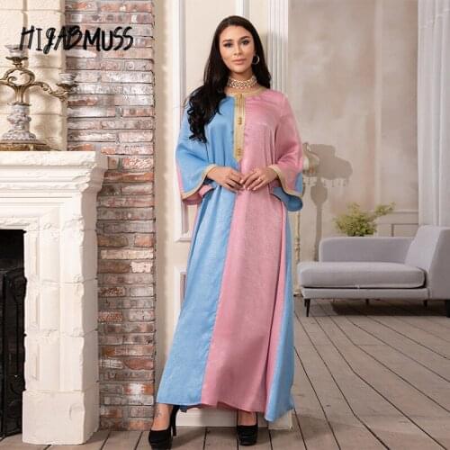 Middle Eastern Womens Fashion Color Matching Phnom Penh Muslim Womens Arab Hui Robe Eid Al-fitr Dress Dubai Satin Robe
