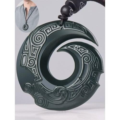 Real Hetian Jade Good Luck Necklace Pendant Hand Carved Dark Green Gemstones Men and Women Lucky Amulet Best Gift