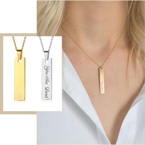 Customize Vertical Bar Necklace for Women,Gold Color Engravable Inspirational Pendant,Stainless Steel Minimalist Name Jewelry
