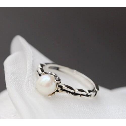 Authentic 925 Sterling Silver Ring Inlaid 6mm Natural Freshwater Pearl Opening Adjustable Rings Creative Retro Jewelry Gift
