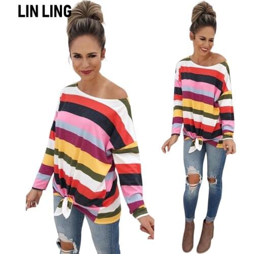 LINLING Winter Pattern Letter Print Long Sleeve Color Stripe Stitching Top Contrast Round Neck Loose Pullover