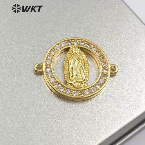 WT-MC262 Multi Colors Our Lady Of Guadalupe Connector In Cubic Zirconia Pave Round Shape Religious Medal For Necklace Pendant