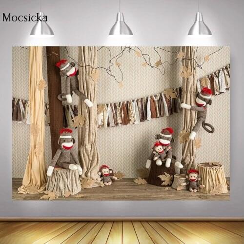 Cartoon Newborn Monkey Birthday Cake Smash Photography Backdrop Children Portrait Background Curtain Maple Leaf Photo Shoot