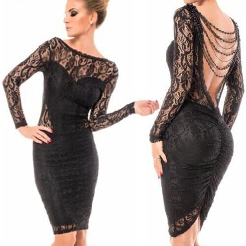 Slash Neck Backless Sexy Bodycon Club Party Dress Women Mesh Lace Black Evening Party Elegant Long Sleeve Wrap Bodycon Dress