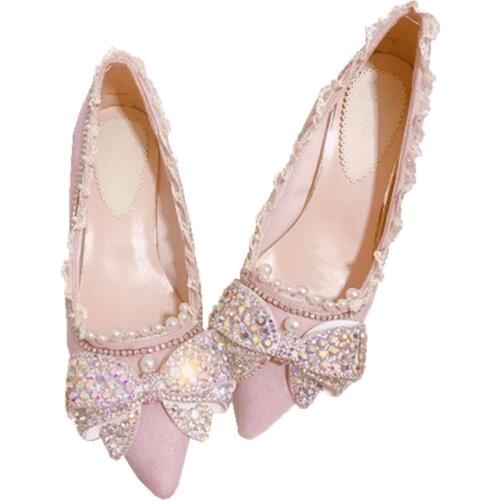 French girl style light pink pointed shoes shallow mouth womens shoes in the heel Victoria Kawaii cos Lolita loli Low help
