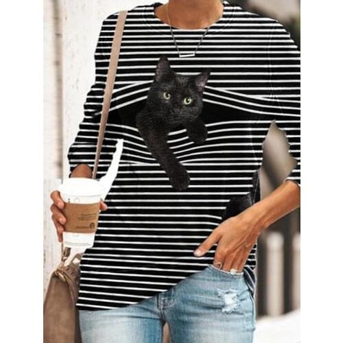 Spring Summer Camiseta Feminina Tee T-shirt Women Long Sleeve 3d Cat Animal Print Striped Casual Top T-shirt Ropa De Mujer