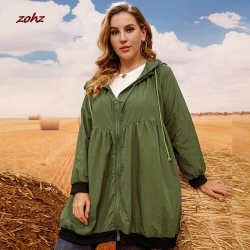 Plus Size Windbreaker Coat Women Spring Fall Fashion Hooded Drawstring Zipper Trench Jacket Army Green Loose Oversized Outerwear