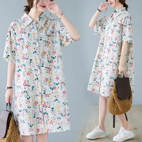 Korea Style Polo Collar Print Floral Sweet Girls Chic Blouse Shirts Dress 2021 New Arrival Cotton Women Travel Casual Dress