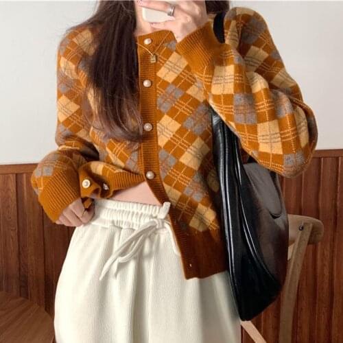 Alien Kitty 2021 Vintage Coats New Loose Thicken Fashion Plaid Cardigans Sweaters OL Autumn Femme Tops Knitted Elegant Casual