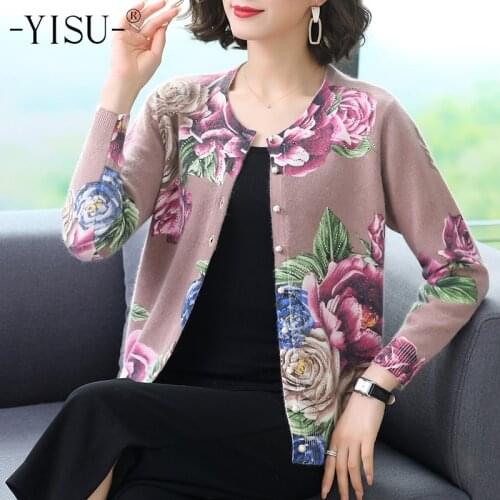 YISU Rose Printed Cardigan Women O-Neck Long sleeve Coat Sweater 2021 Spring Autumn New Fashion Knitted sweaters Loose Cardigan