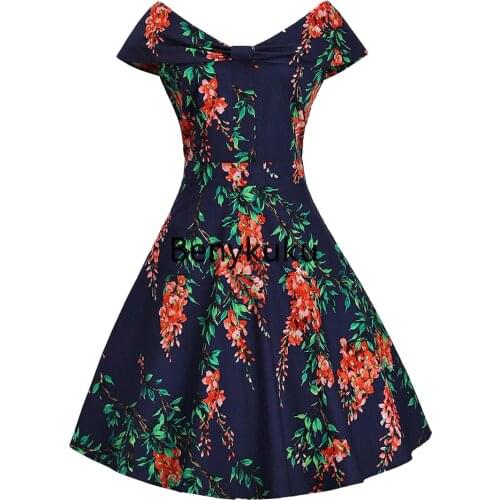 2021 Cotton Women Retro Hepburn Style Slim Fit Big Swing Dress V Neck Short Sleeve Floral Printed Dresses Vintage Womens Clothes