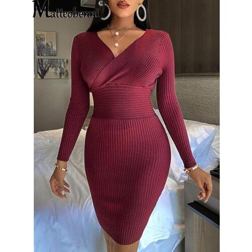 Women Spring Autumn Solid Color Pencil Dresses Ladies V-Neck Elastic Waist Sexy Slim Hips Mini Knitted Dress For Women Vestidos