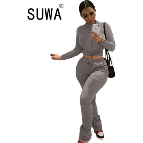 Winter New Style Plus Cashmere Sweater Pocket Two-piece Womens Solid Color Zipper Top And Straight Pants Fashion Womens Suit