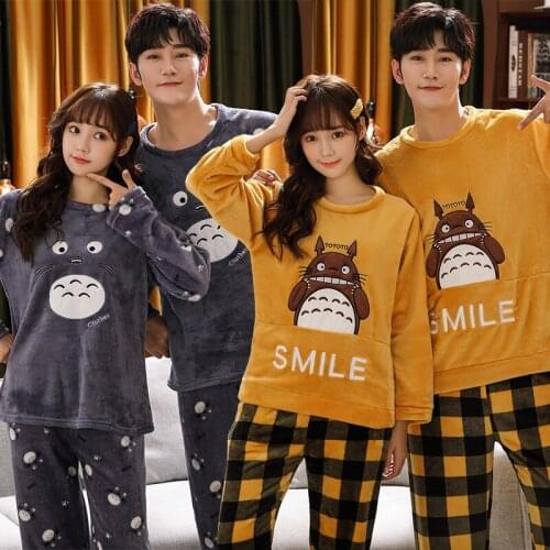 2021 Winter Couple Thick Warm Flannel Pajama Set for Women Long Sleeve Cute Cartoon Totoro Sleepwear Pyjama Men Homewear Clothes