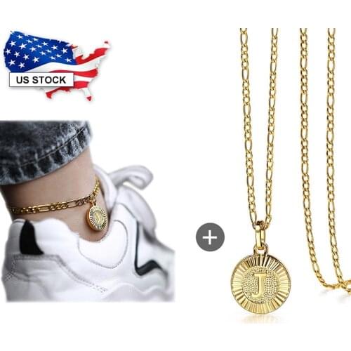 Gold Color Initial Letter Round Pendant Necklace Anklet Sets Figaro Stainless Steel Link Chain Jewelry Sets Gift LGP418KA11