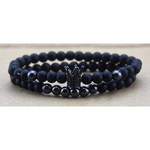 2pcs/set New Fashion Crown Set Bracelet Black Frosted Flash Stone Beaded Bracelet For Men Jewelry Gift