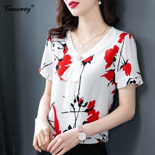 2021 Fashion Floral Print Chiffon Blouse Shirt Loose Buttons Tops Casual Summer Ladies Female Women short Sleeve Blusas Pullover