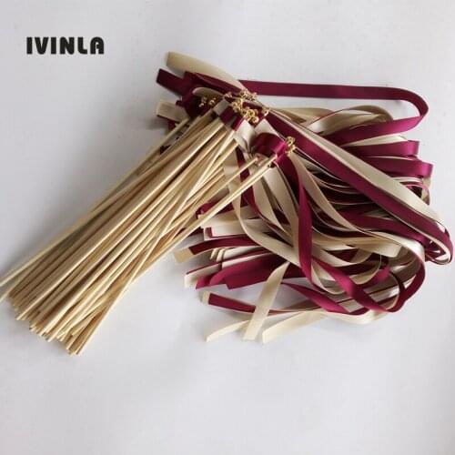 50pcs/lot Wine Red wedding ribbon stick with gold bell for wedding party