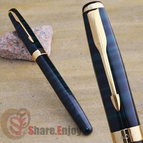 BAOER 388 BLACK WITH GREEN GRAIN AND GOLDEN MEDIUM NIB FOUNTAIN PEN NEW