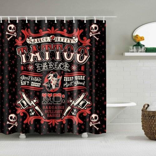 White horror skull on black background tattoo shop textBathroom shower curtain durable fabric mildew bathroom accessories creati