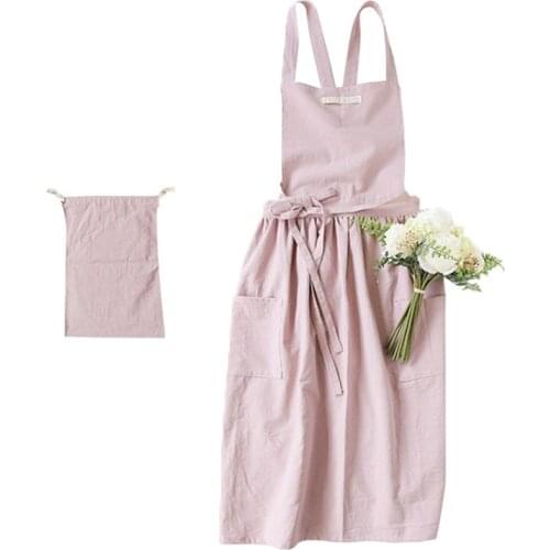 Long Pink Blue Cotton Apron Cafe Barista Restaurant Waitress Bakery Florist Uniform Cook Baking Painting Crafting Work Wear D37