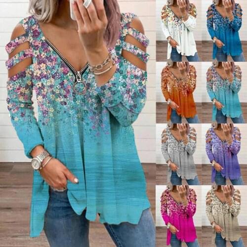 Summer and Autumn Womens Tops Loose Large Size Small Floral Printed T-shirt Sexy V-neck Zipper Strapless Long Sleeve T-shirt