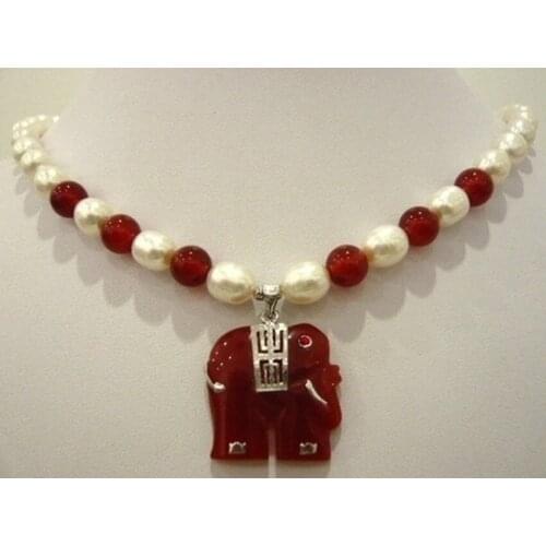 Hot sale White pearl & red stone necklace elephant pendant