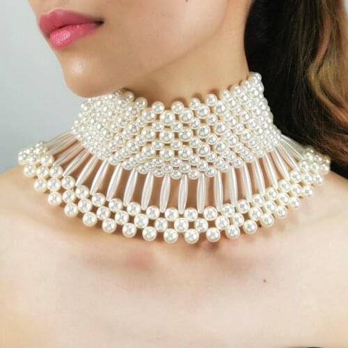 Imitation Pearl Statement Choker Necklaces For Women Handmade Beaded Collar Necklace Wedding Jewelry UKEN