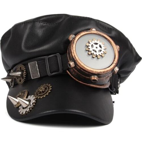 Women Men Steampunk Military Hat With Punk Rivet Gear Goggler Flat Handmade Sailor Cap Cadet Hat Leather Cosplay Halloween Hat